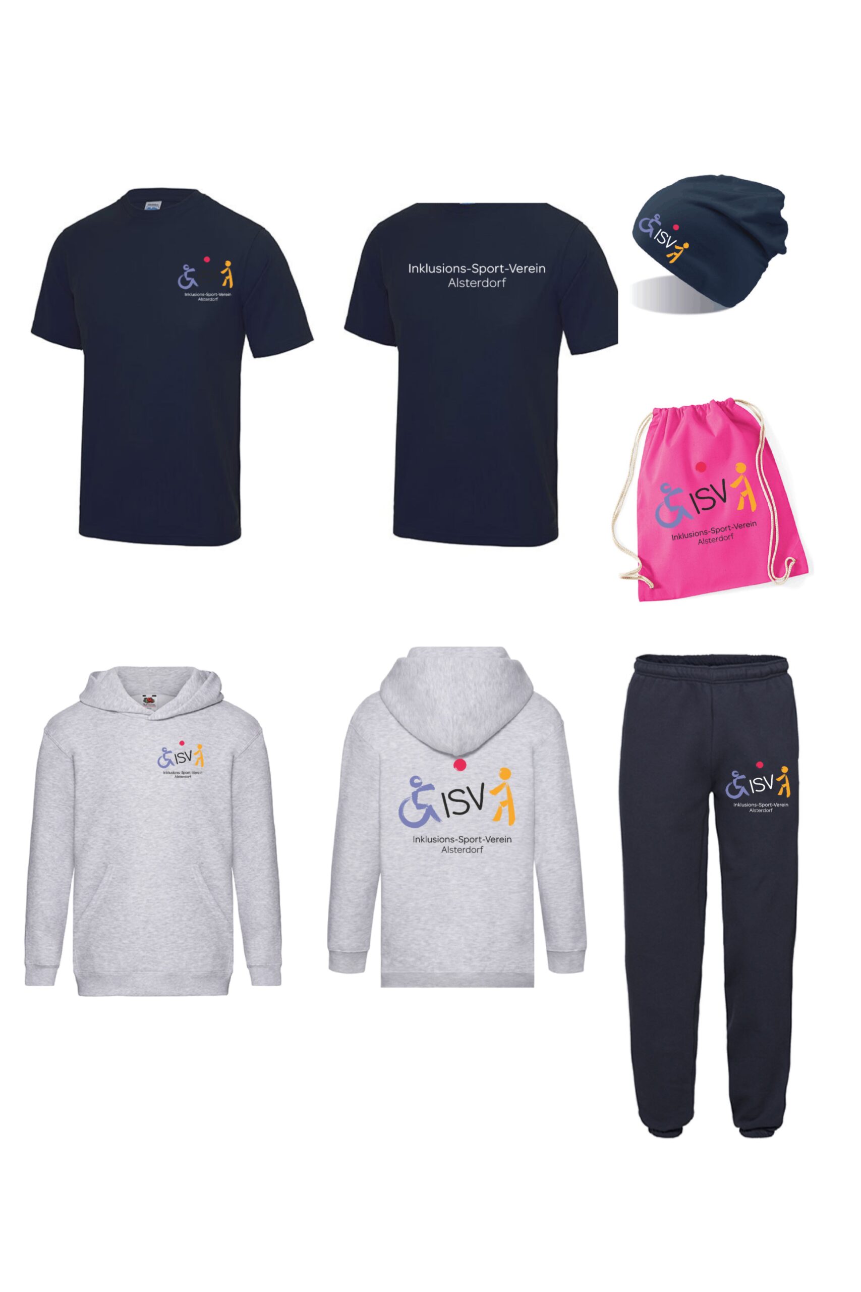 Kollektion des ISV Alsterdorf mit T-Shirts, Hoodies, Jogginghose, Mütze und pinken Turnbeutel.