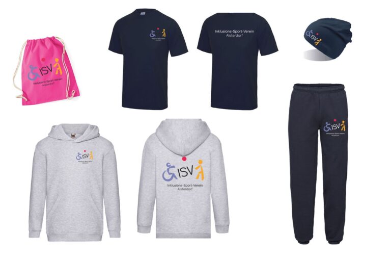Übersicht der ISV-Vereinskleidung: T-Shirts, Hoodie, Jogginghose, Beanie und Turnbeutel mit ISV-Logo.